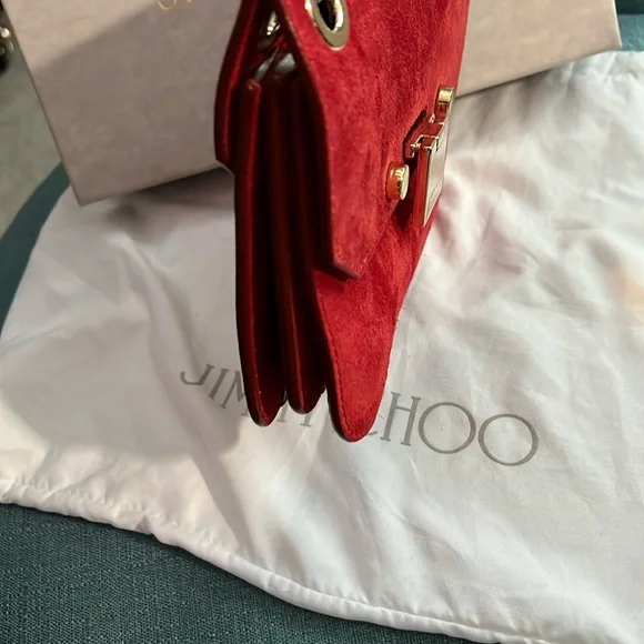 Jimmy Choo Red Suede Chain Shoulder Bag Crossbody with Box & Dust Bag EUC - Picture 8 of 13